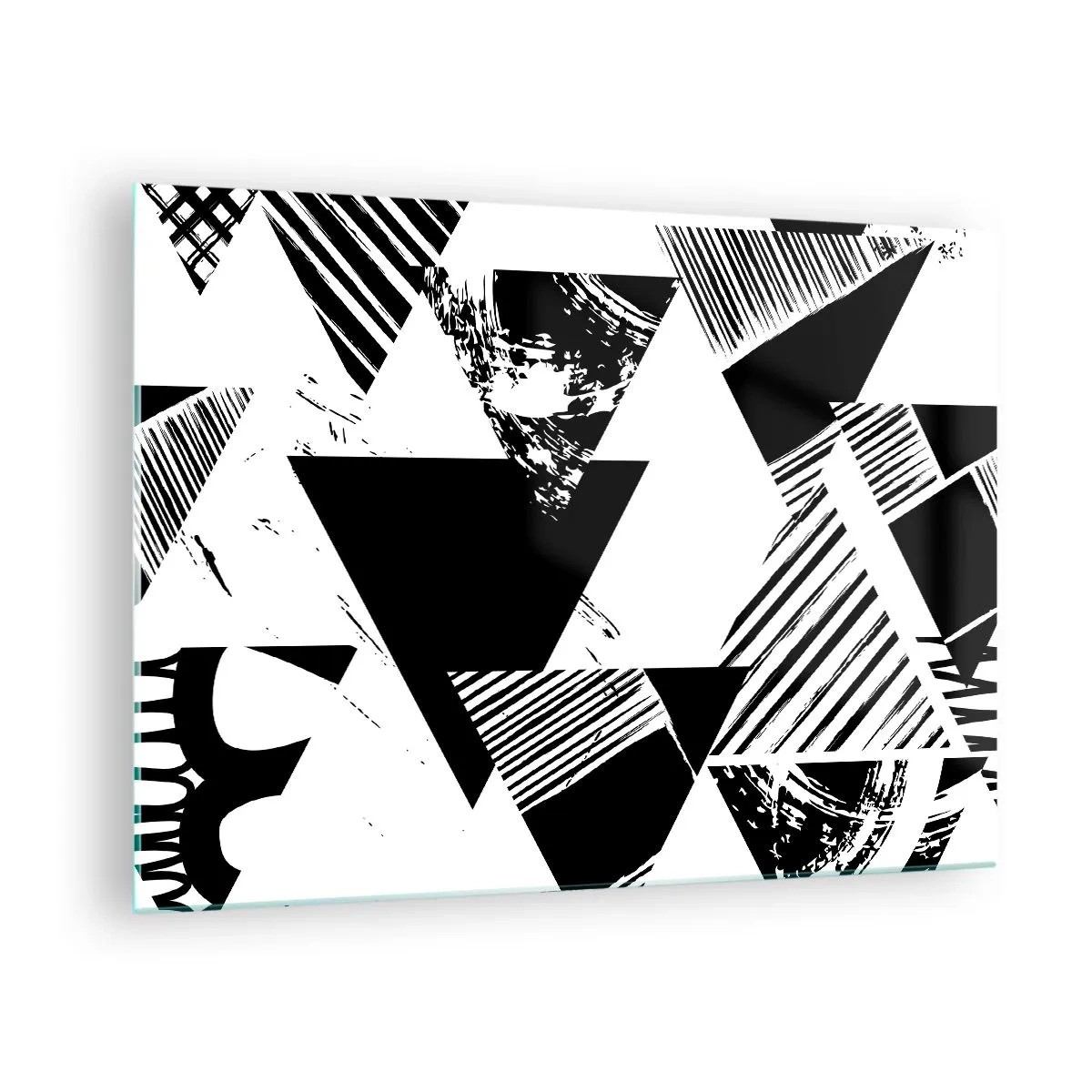Cuadro sobre vidrio - Impresiones sobre Vidrio - Patrones geométricos en blanco y negro con motivos triangulares. - 70x50cm - Una lluvia de triángulos - Decoración de pared moderna para salón y dormitorio ARTTOR