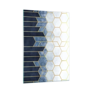 Cuadro sobre vidrio - Impresiones sobre Vidrio - Patrón geométrico en colores dorado y azul marino. - 50x70cm - Composición rítmica visual - Decoración de pared moderna para salón y dormitorio ARTTOR