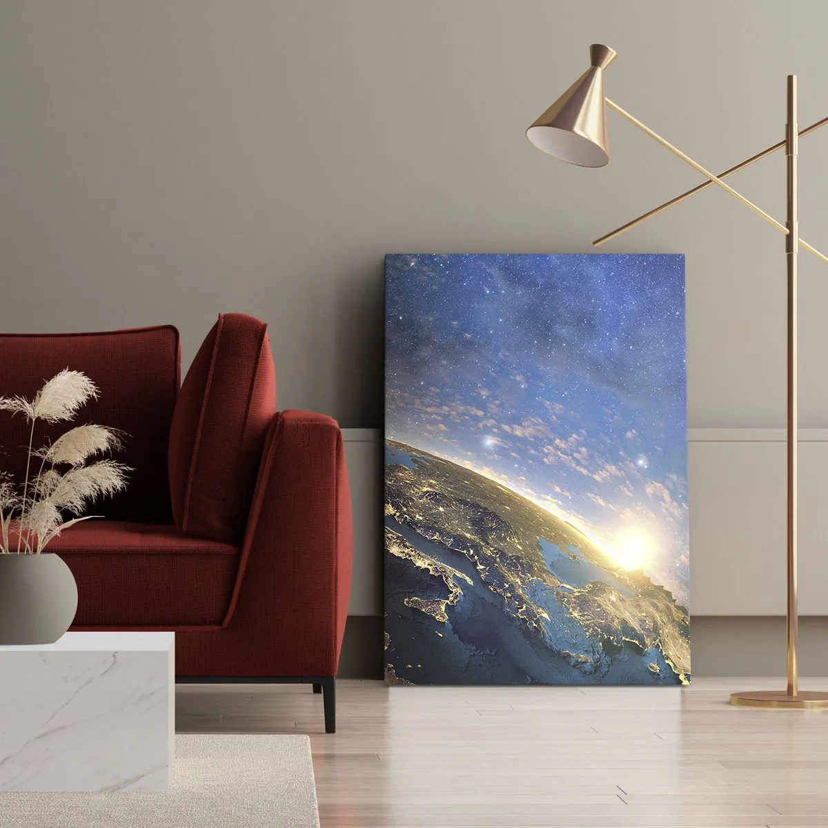 Cuadro sobre lienzo - Impresión de Imagen - Vista de la Tierra desde el espacio al amanecer - 50x70cm - Mirémonos a nosotros mismos desde la distancia - Decoración de pared moderna para salón y dormitorio ARTTOR