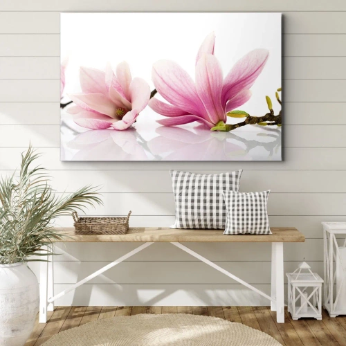 Cuadro sobre lienzo - Impresión de Imagen - Delicadas magnolias rosas sobre un fondo blanco. - 100x70cm - Suave como un soplo de primavera - Decoración de pared moderna para salón y dormitorio ARTTOR