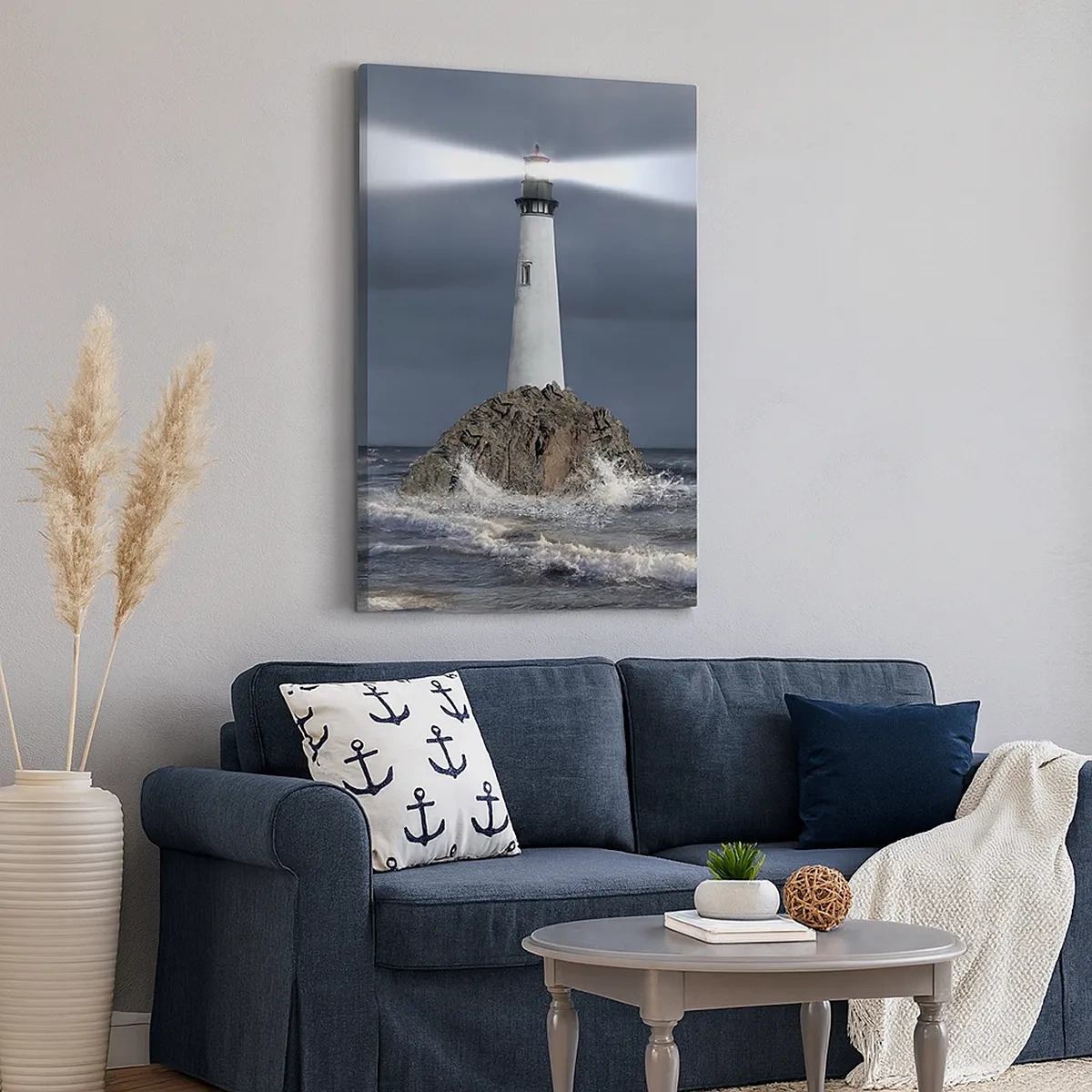 Cuadro sobre lienzo - Impresión de Imagen - Un faro sobre una roca rodeado de un mar tempestuoso. - 50x70cm - ¡Aquí... aquí... aquí! - Decoración de pared moderna para salón y dormitorio ARTTOR