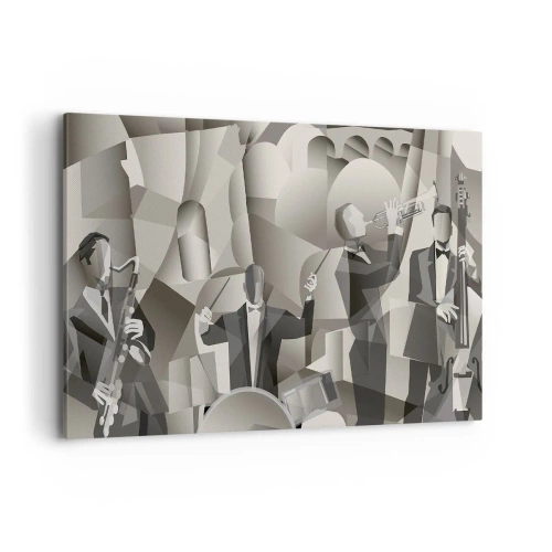 Cuadro sobre lienzo - Impresión de Imagen - Escena abstracta con músicos de jazz en tonos de gris. - 120x80cm - En el espacio de los sonidos - Decoración de pared moderna para salón y dormitorio ARTTOR