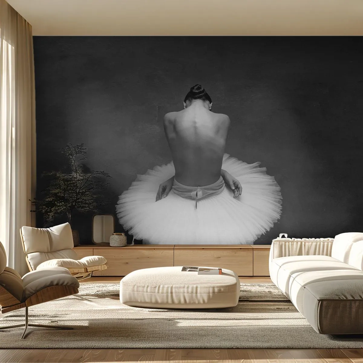 Fotomural Premium Sand - Fotografía en blanco y negro de una bailarina en una pose clásica. - 100x70cm - Rodeada de pétalos - Decoración de pared moderna para salón y dormitorio ARTTOR