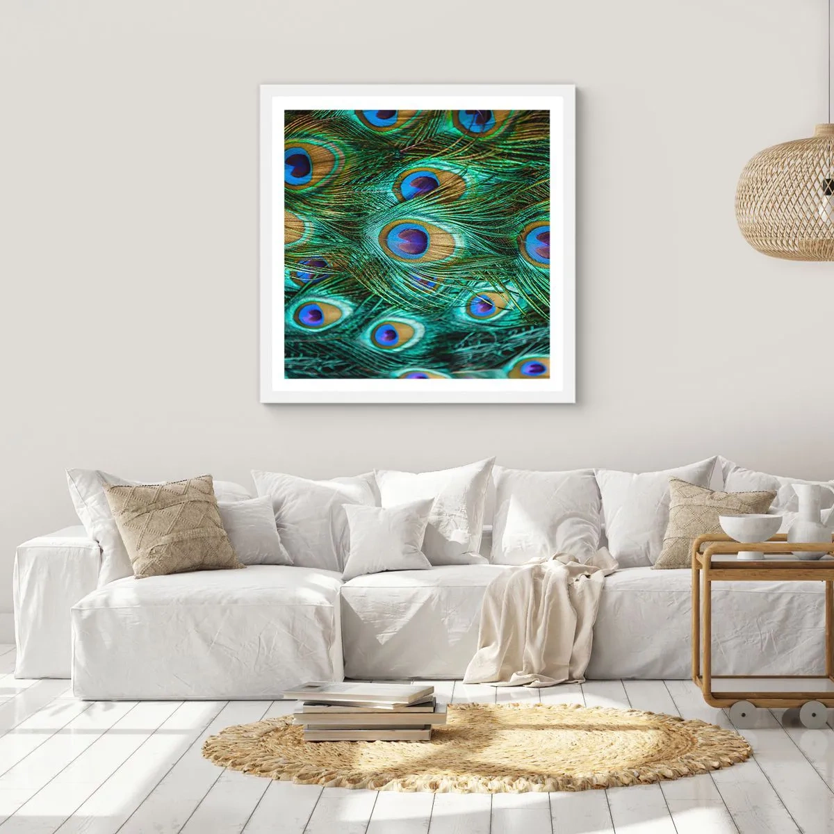 Póster en marco blanco - Mirada de pavo real - 60x60 cm