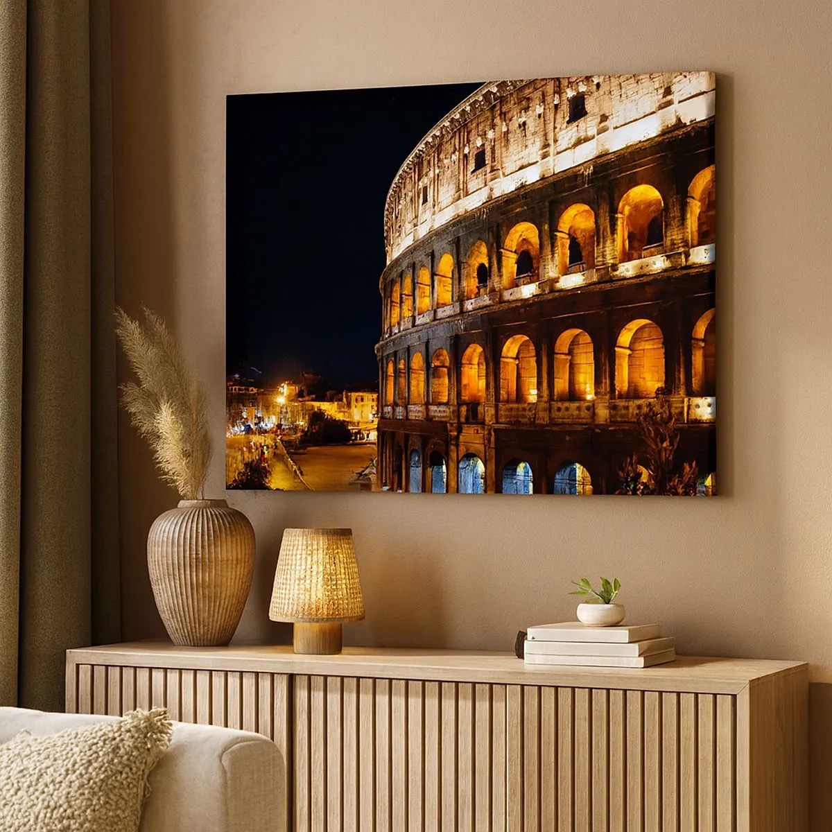 Cuadro sobre lienzo - Impresión de Imagen - El Coliseo iluminado por luces por la noche en Roma - 70x50cm - Los juegos están a punto de comenzar - Decoración de pared moderna para salón y dormitorio ARTTOR