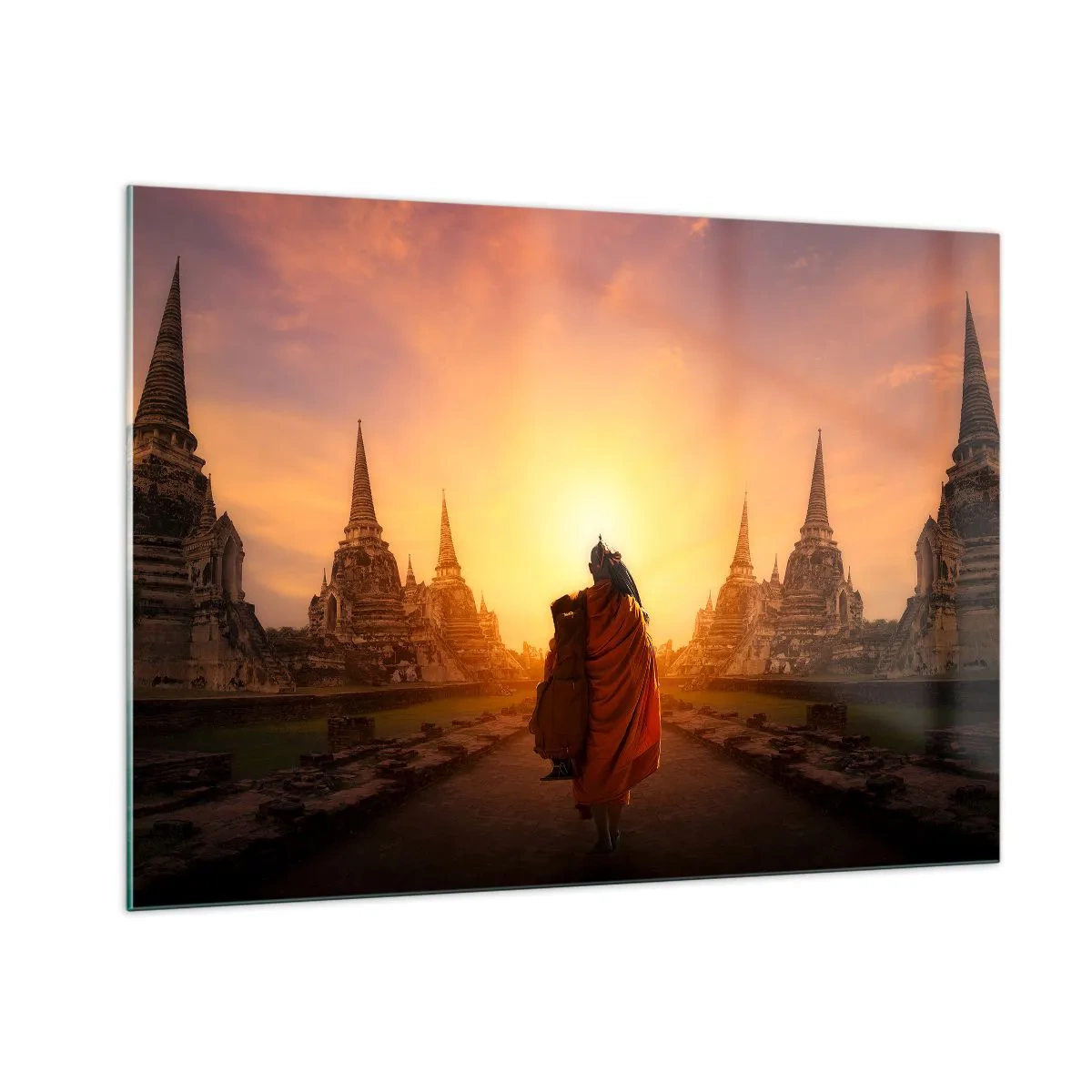 Cuadro sobre vidrio - Impresiones sobre Vidrio - Un monje con el sol poniente como telón de fondo y templos en Asia. - 100x70cm - En paz por la eternidad - Decoración de pared moderna para salón y dormitorio ARTTOR