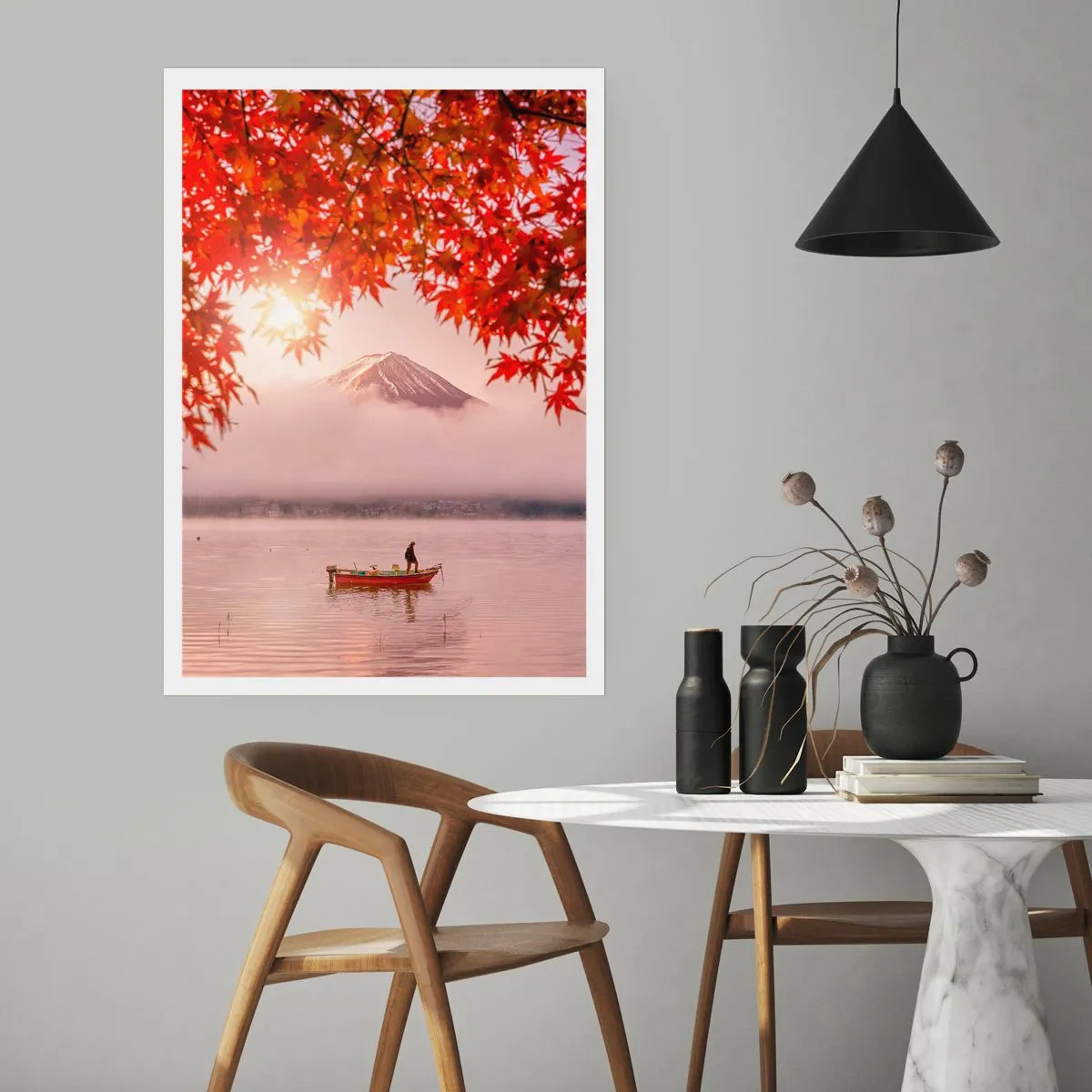 Póster - Monte Fuji con un barco en un lago y hojas de otoño - 50x70cm - Estilo japonés - Decoración de pared moderna para salón y dormitorio ARTTOR