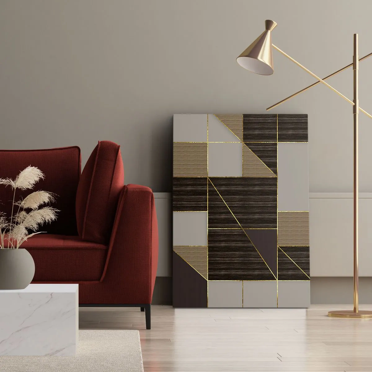 Cuadro sobre lienzo - Impresión de Imagen - Patrones geométricos en tonos marrones con líneas doradas. - 50x70cm - Un mosaico de marrones y dorados - Decoración de pared moderna para salón y dormitorio ARTTOR