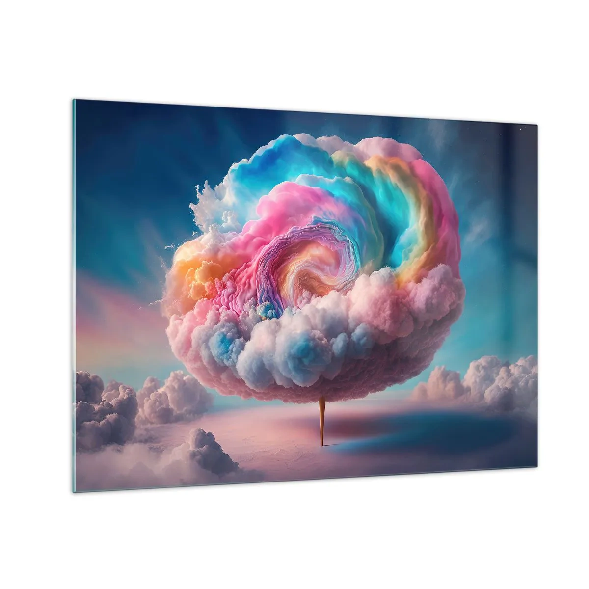 Cuadro sobre vidrio - Impresiones sobre Vidrio - Una nube fantástica en colores pastel que se parece al algodón de azúcar. - 70x50cm - El sueño de un parque de atracciones - Decoración de pared moderna para salón y dormitorio ARTTOR