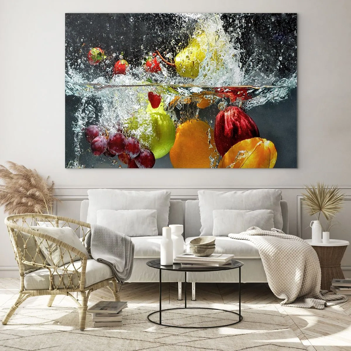 Cuadro sobre vidrio - Impresiones sobre Vidrio - Fruta sumergida en agua con salpicaduras dinámicas. - 100x70cm - Refresco afrutado - Decoración de pared moderna para salón y dormitorio ARTTOR