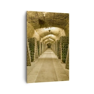 Cuadro sobre lienzo - Impresión de Imagen - Un viñedo con una bodega llena de botellas de vino expuestas en estantes de madera. - 80x120cm - El nacimiento del gusto - Decoración de pared moderna para salón y dormitorio ARTTOR