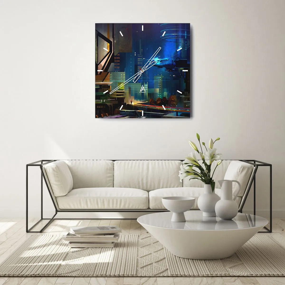 Reloj de pared - Reloj de vidrio - Ciudad futurista de noche con luces de neón y un vehículo volador. - 30x30cm - En un futuro próximo - Decoración de pared moderna para salón y dormitorio ARTTOR