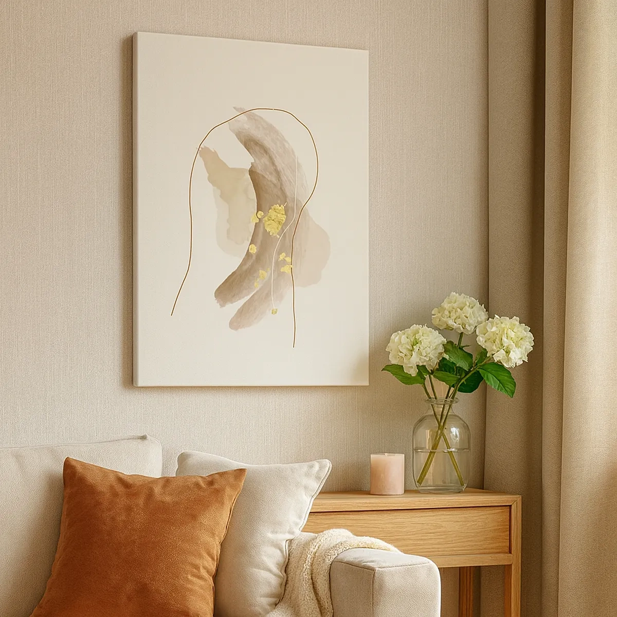 Cuadro sobre lienzo - Impresión de Imagen - Una composición abstracta en tonos beige y dorado. - 50x70cm - Encontrado en el espacio - Decoración de pared moderna para salón y dormitorio ARTTOR