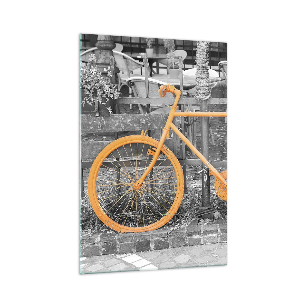 Cuadro sobre vidrio - Impresiones sobre Vidrio - Fotografía artística de una bicicleta amarilla sobre un fondo blanco y negro. - 70x100cm - Sigue, yo esperaré aquí - Decoración de pared moderna para salón y dormitorio ARTTOR