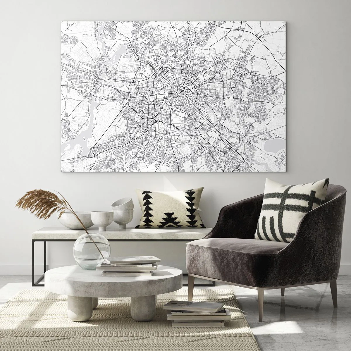 Cuadro sobre vidrio - Impresiones sobre Vidrio - Mapa en blanco y negro de Berlín con un trazado geométrico de calles - 120x80cm - Flor de Berlín - Decoración de pared moderna para salón y dormitorio ARTTOR
