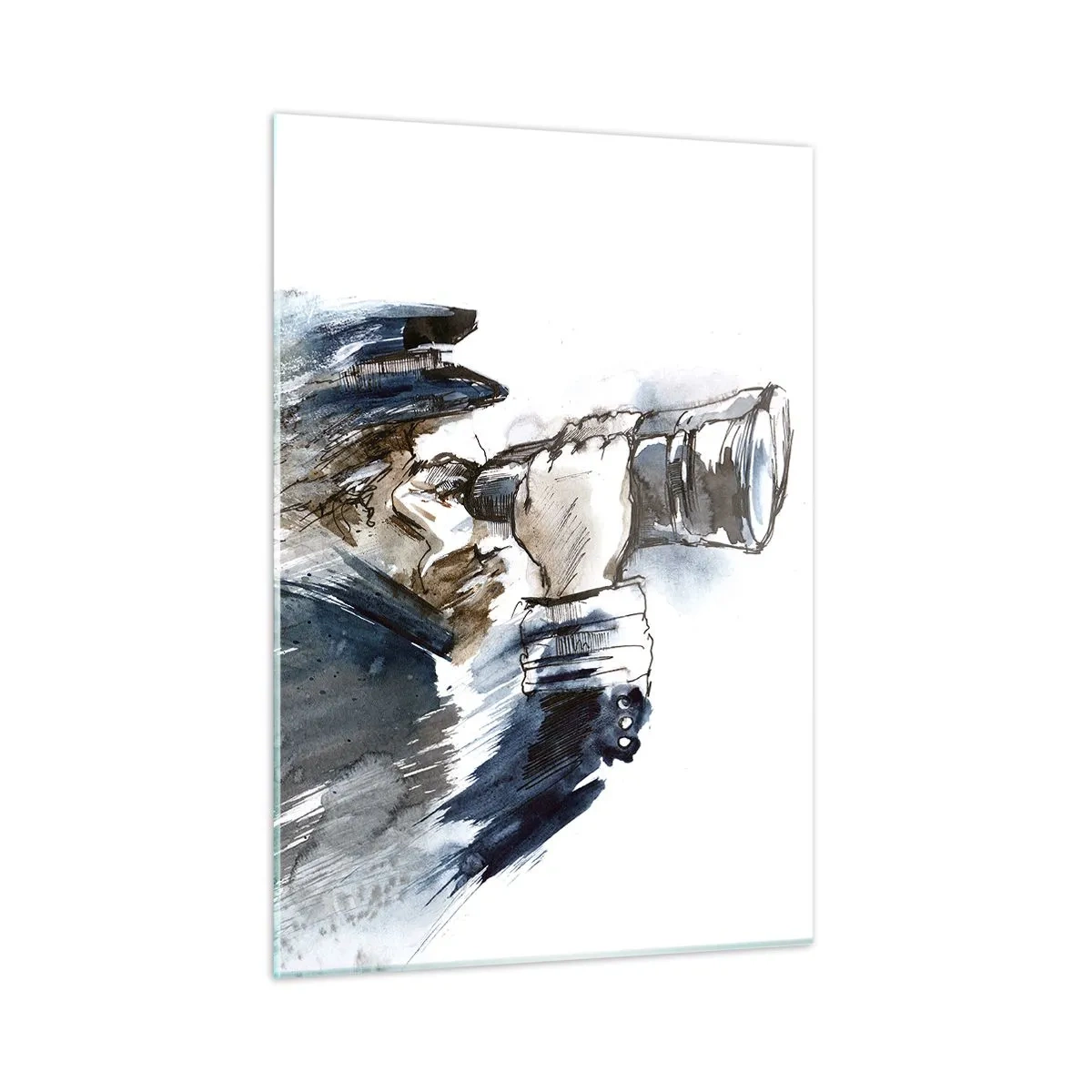 Cuadro sobre vidrio - Impresiones sobre Vidrio - Un hombre con binoculares en una composición dinámica de acuarela. - 50x70cm - Tierra a la vista - Decoración de pared moderna para salón y dormitorio ARTTOR