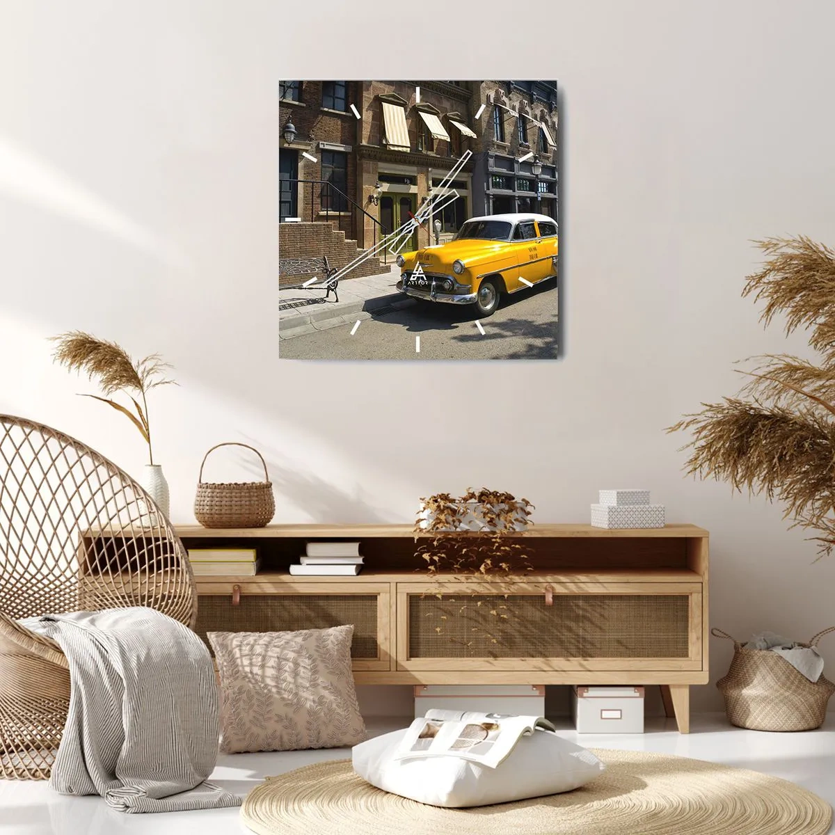 Reloj de pared - Reloj de vidrio - Un taxi amarillo en una calle bordeada de casas de vecindad. - 30x30cm - Érase una vez en América - Decoración de pared moderna para salón y dormitorio ARTTOR