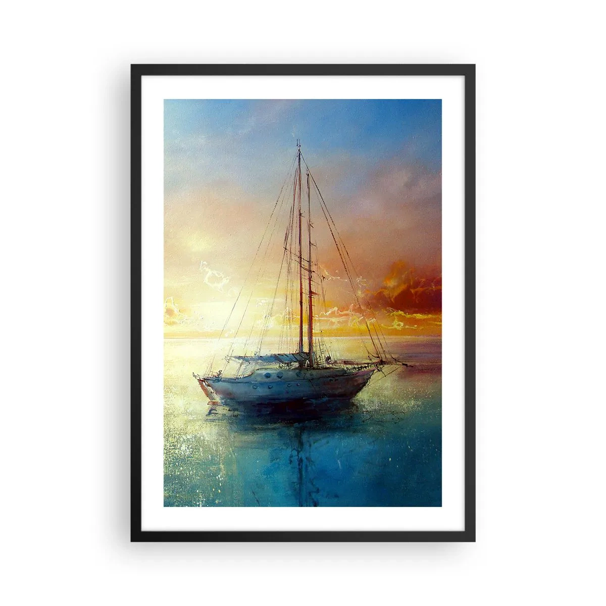 Póster en marco negro - Un yate en un mar tranquilo al atardecer. - 50x70cm - En una bahía dorada - Decoración de pared moderna para salón y dormitorio ARTTOR