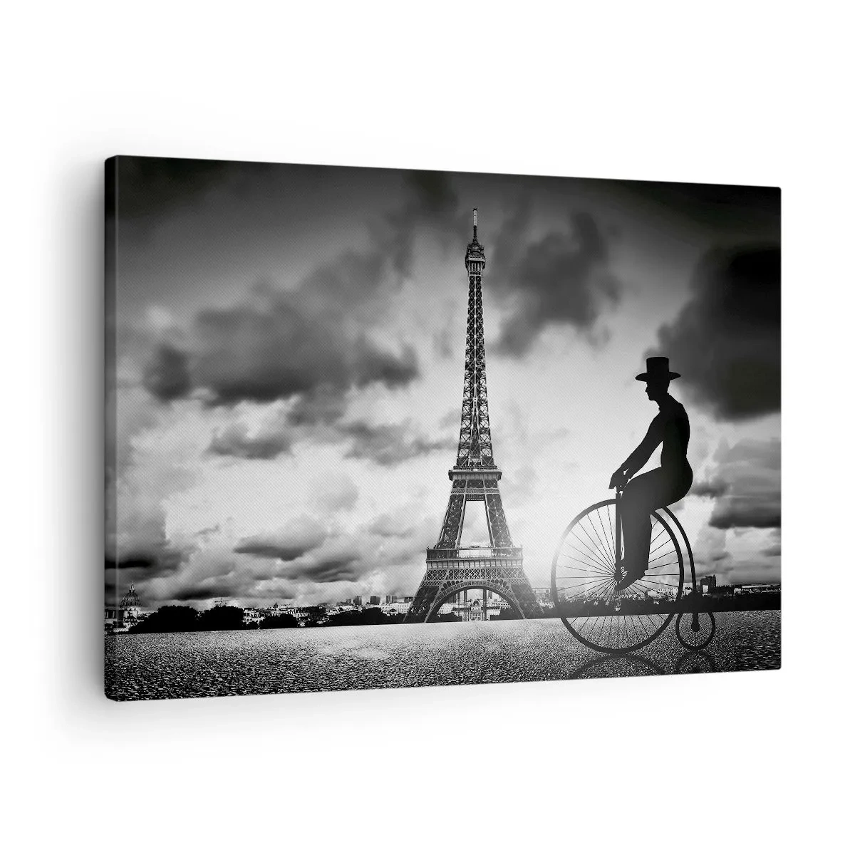 Cuadro sobre lienzo - Impresión de Imagen - Imagen en blanco y negro de una bicicleta retro con la Torre Eiffel al fondo. - 70x50cm - Añoranza de la Belle Epoque - Decoración de pared moderna para salón y dormitorio ARTTOR