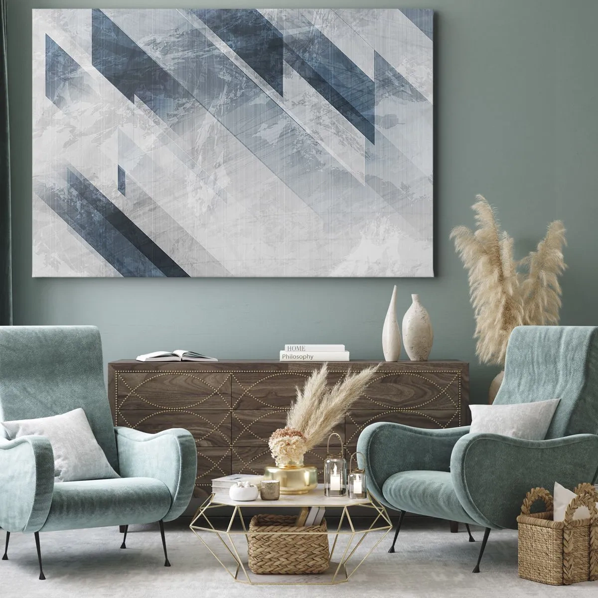 Cuadro sobre lienzo - Impresión de Imagen - Líneas abstractas en tonos grises y azules. - 70x50cm - Composición espacial - movimiento de grises - Decoración de pared moderna para salón y dormitorio ARTTOR