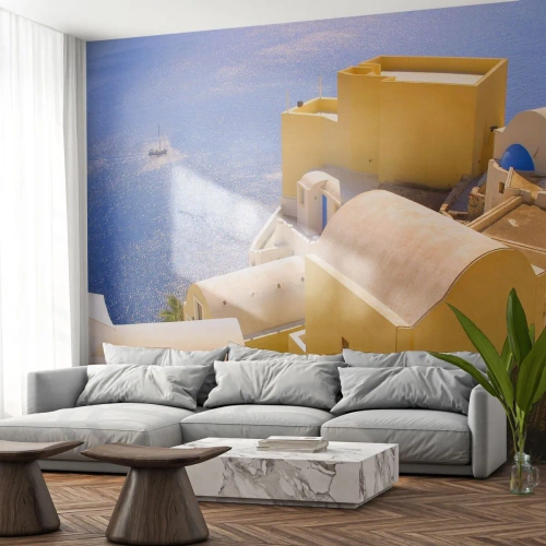 Fotomural Autadhesivo Deluxe Sticker - Paisaje griego en blanco y azul - Paisaje, Santorini, Grecia - 100x70 cm