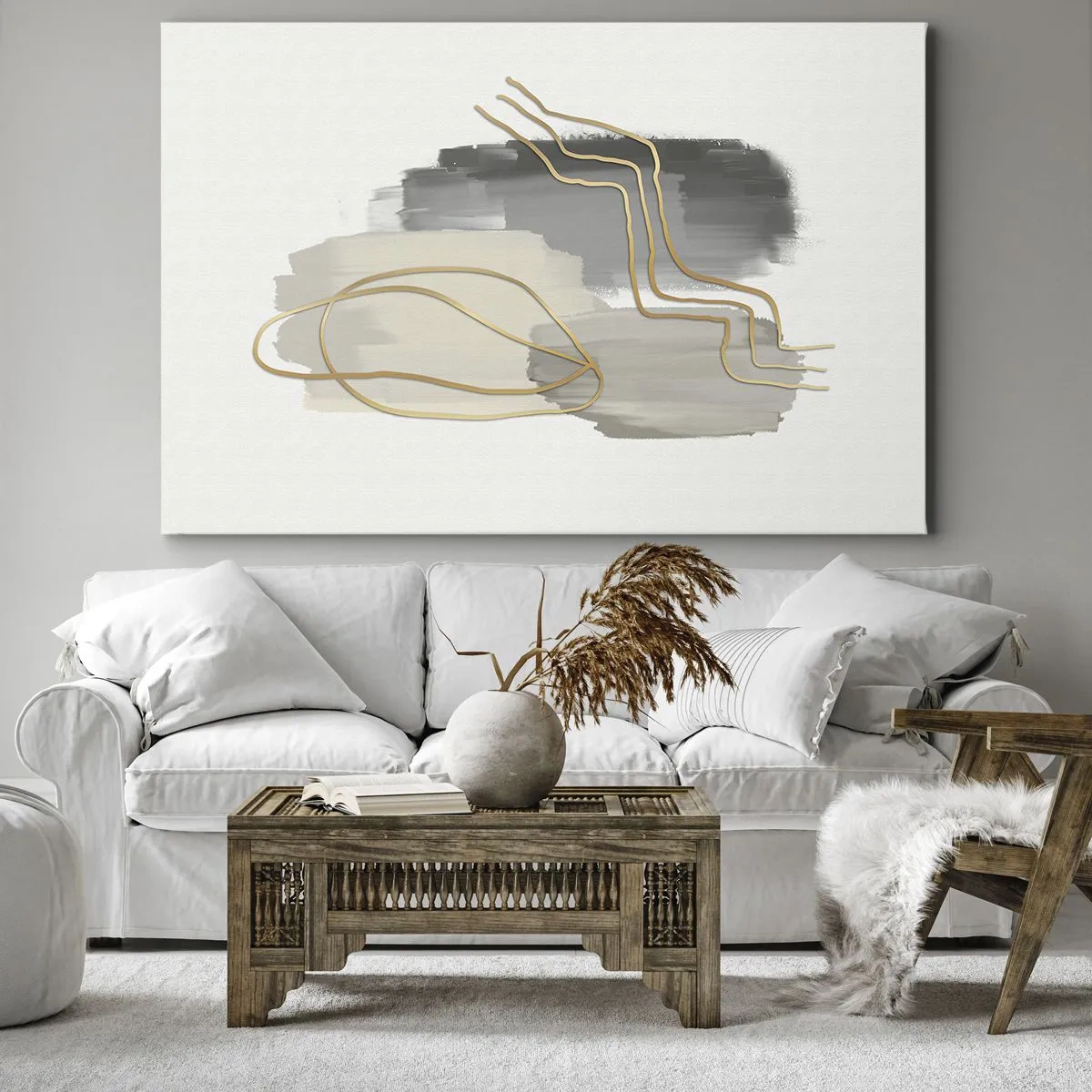 Cuadro sobre lienzo - Impresión de Imagen - Líneas doradas abstractas sobre un fondo gris - 70x50cm - Persistencia y movimiento - Decoración de pared moderna para salón y dormitorio ARTTOR