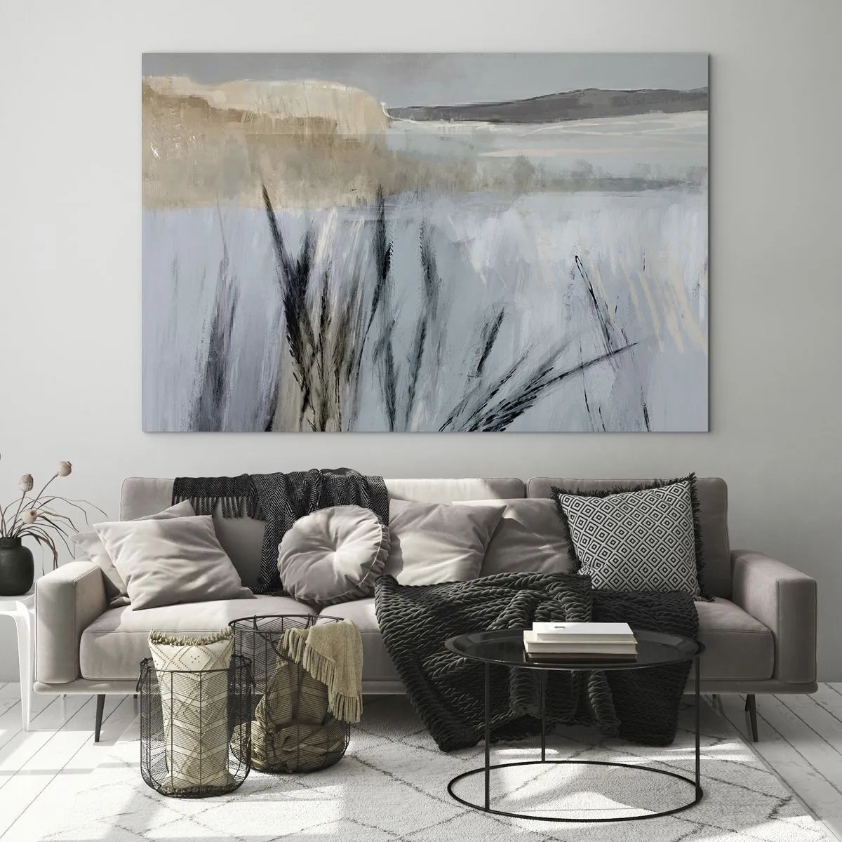 Cuadro sobre vidrio - Impresiones sobre Vidrio - Paisaje invernal con hierbas sobre el fondo de campos cubiertos de nieve. - 70x50cm - Campos de invierno - Decoración de pared moderna para salón y dormitorio ARTTOR