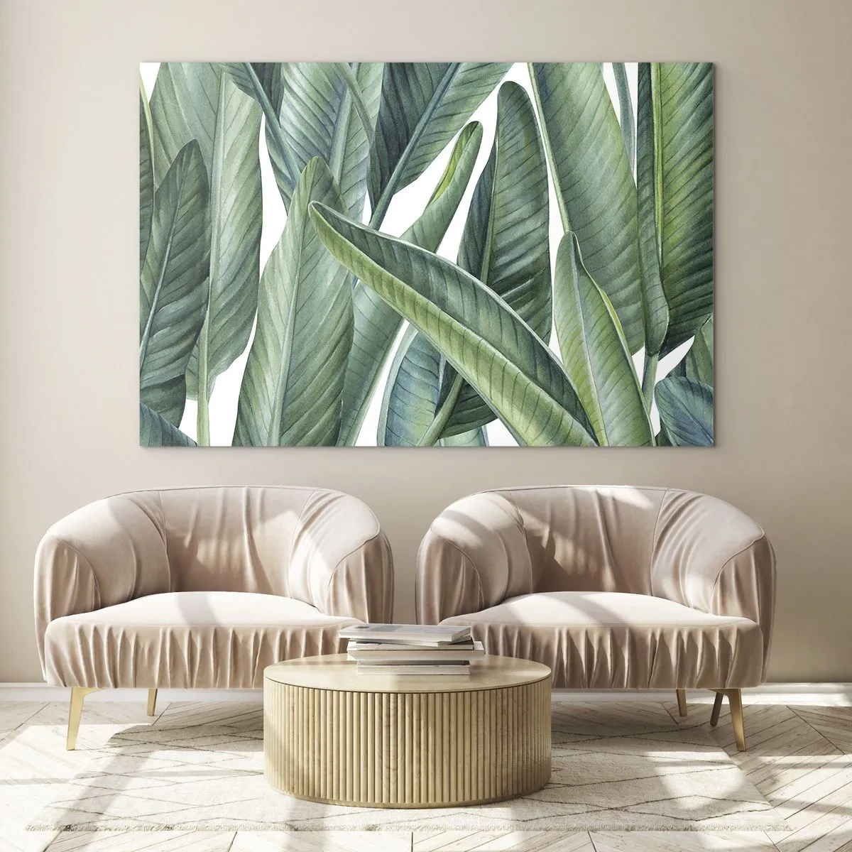 Cuadro sobre vidrio - Impresiones sobre Vidrio - Hojas tropicales en tonos verdes. - 70x50cm - Vegetación en estado puro - Decoración de pared moderna para salón y dormitorio ARTTOR