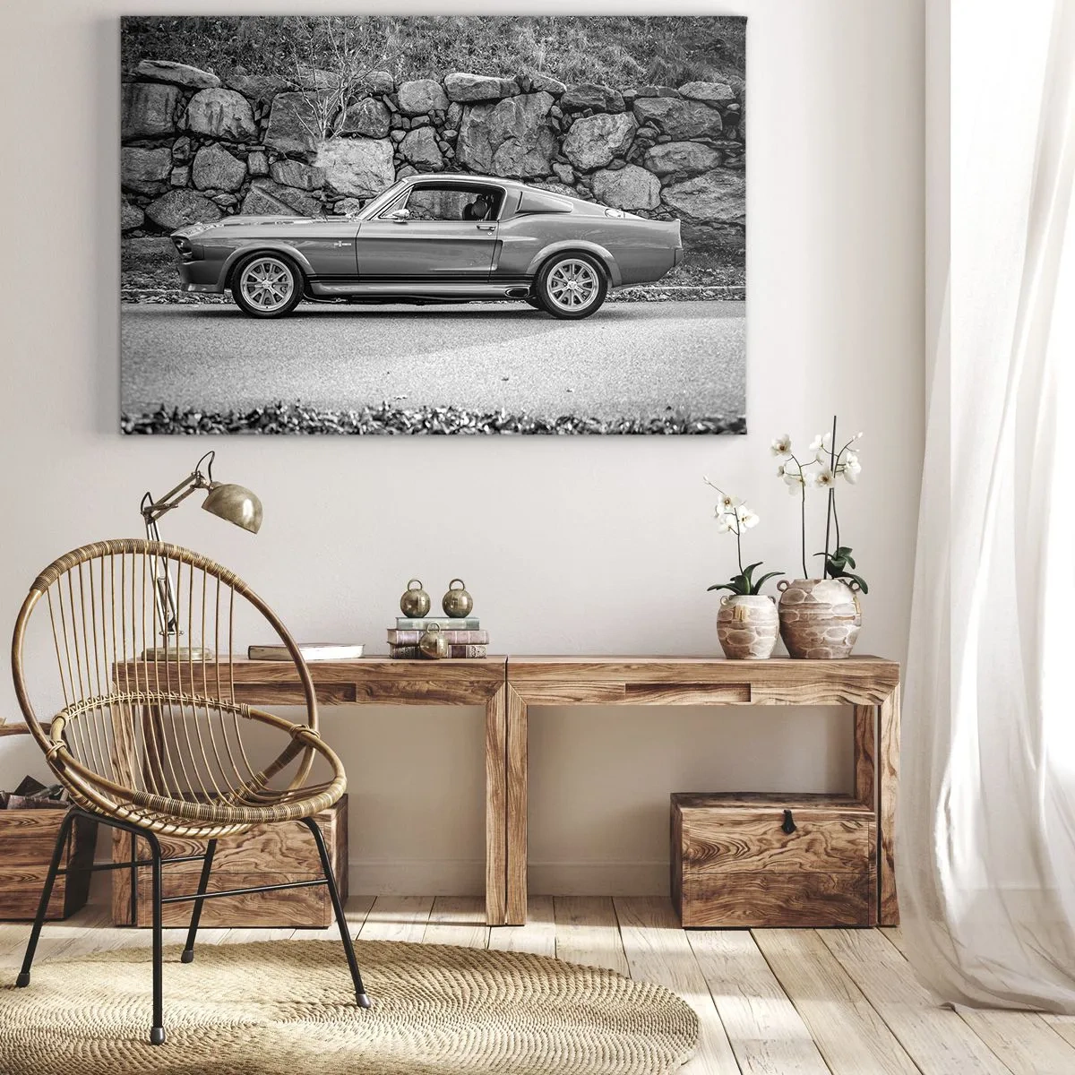 Cuadro sobre lienzo - Impresión de Imagen - Fotografía en blanco y negro de un coche clásico. - 120x80cm - Una leyenda de los años 60 - Decoración de pared moderna para salón y dormitorio ARTTOR