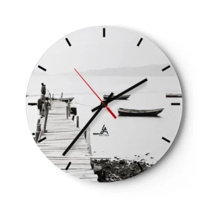 Reloj de pared - Reloj de vidrio - Un embarcadero y barcos en aguas tranquilas en tonos grises. - 30x30cm - Junto al agua tranquila y clara - Decoración de pared moderna para salón, cocina y dormitorio ARTTOR
