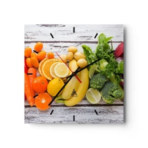 Reloj de pared - Reloj de vidrio - Frutas y verduras coloridas sobre un fondo de madera - 30x30cm - ¿No es suficiente? - Decoración de pared moderna para salón y dormitorio ARTTOR