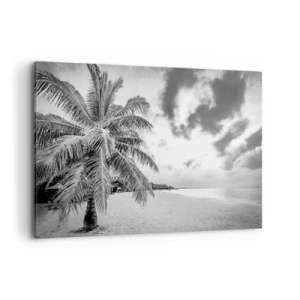 Cuadro sobre lienzo - Impresión de Imagen - Palmera en blanco y negro en una playa vacía con nubes - 120x80cm - Anhelo de soledad.... - Decoración de pared moderna para salón y dormitorio ARTTOR