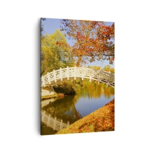 Cuadro sobre lienzo - Impresión de Imagen - Un puente en un parque rodeado de hojas otoñales sobre aguas tranquilas. - 50x70cm - En un puente blanco de suspiros - Decoración de pared moderna para salón y dormitorio ARTTOR