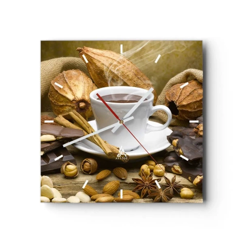 Reloj de pared - Reloj de vidrio - Una taza de chocolate caliente rodeada de cacao y canela. - 30x30cm - Para los que buscan emociones - Decoración de pared moderna para salón y dormitorio ARTTOR