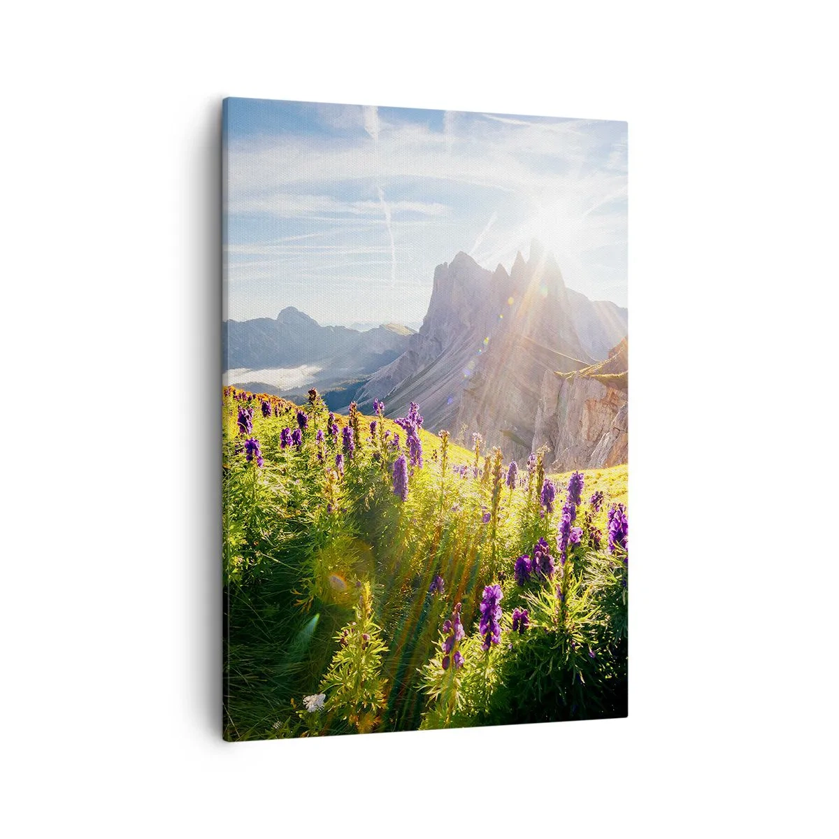 Cuadro sobre lienzo - Impresión de Imagen - Paisaje de montaña con flores a la luz del sol naciente. - 50x70cm - La vida secreta de las hierbas - Decoración de pared moderna para salón y dormitorio ARTTOR