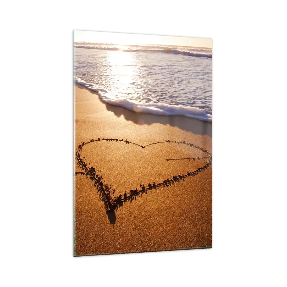 Cuadro sobre vidrio - Impresiones sobre Vidrio - Un corazón hecho de arena en la playa durante el atardecer. - 80x120cm - Una confesión de vacaciones - Decoración de pared moderna para salón y dormitorio ARTTOR