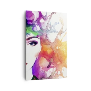 Cuadro sobre lienzo - Impresión de Imagen - Retrato de una mujer en colores de acuarela con manchas abstractas. - 80x120cm - Con la cabeza en las nubes - Decoración de pared moderna para salón y dormitorio ARTTOR