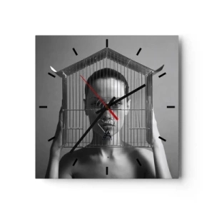 Reloj de pared - Reloj de vidrio - Mujer detrás de una jaula en un estilo surrealista. - 30x30cm - Un retrato algo surrealista - Decoración de pared moderna para salón y dormitorio ARTTOR