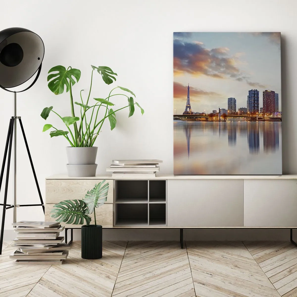 Cuadro sobre lienzo - Impresión de Imagen - Panorama de edificios modernos y la Torre Eiffel sobre el agua - 50x70cm - La calma monumental de París - Decoración de pared moderna para salón y dormitorio ARTTOR