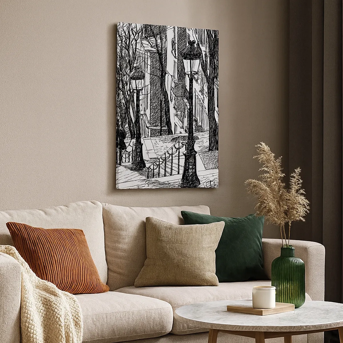 Cuadro sobre lienzo - Impresión de Imagen - Una calle con farolas y una silueta humana en técnica de boceto. - 50x70cm - ¿Una historia de amor o de terror? - Decoración de pared moderna para salón y dormitorio ARTTOR