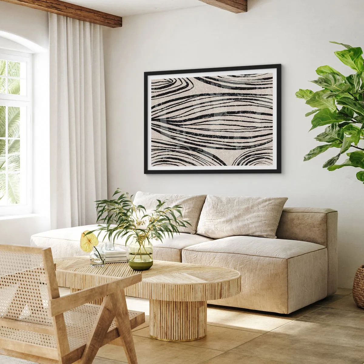 Póster en marco negro - Ondas abstractas en tonos blanco y negro - 100x70cm - Salpicadura de líneas - Decoración de pared moderna para salón y dormitorio ARTTOR