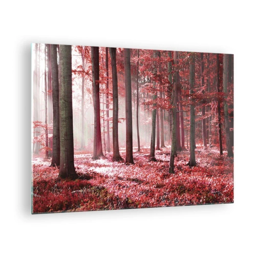 Cuadro sobre vidrio - Impresiones sobre Vidrio - Bosque otoñal en colores rojos y niebla matutina. - 70x50cm - Rojo como el que más - Decoración de pared moderna para salón y dormitorio ARTTOR