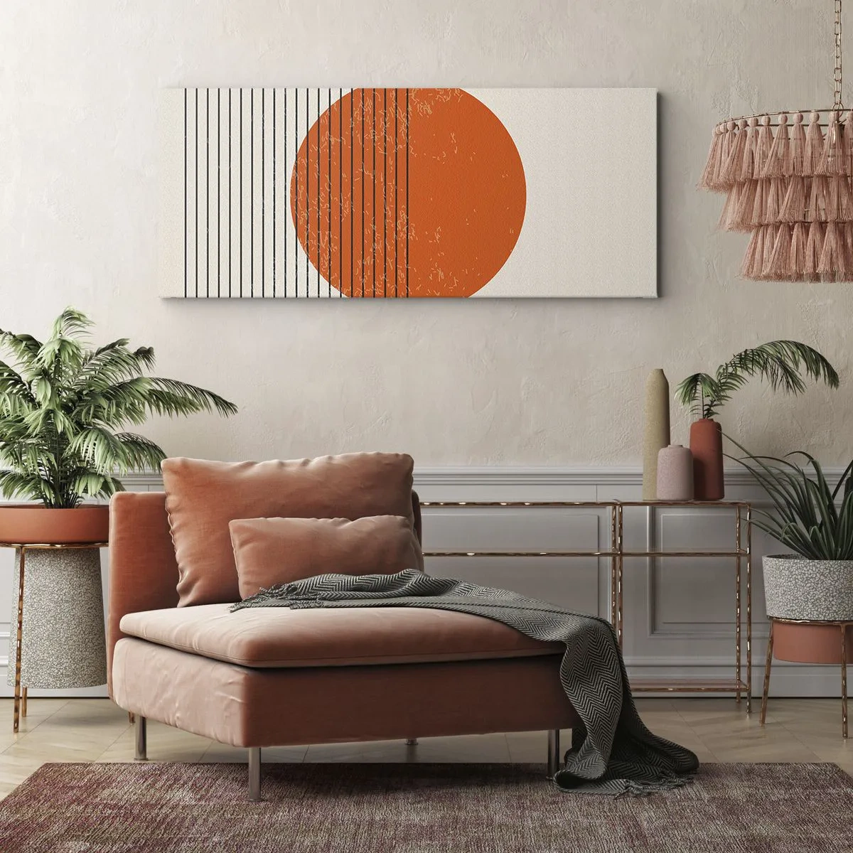 Cuadro sobre lienzo - Impresión de Imagen - Sol minimalista con líneas geométricas. - 120x50cm - Siempre el sol - Decoración de pared moderna para salón y dormitorio ARTTOR