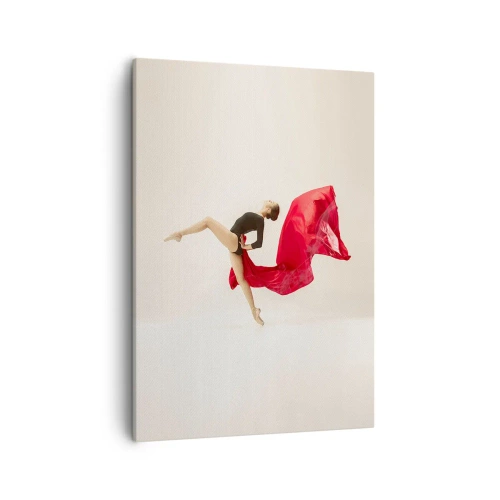 Cuadro sobre lienzo - Impresión de Imagen - Una bailarina dinámica con un traje negro y tela roja en movimiento. - 50x70cm - Rojo y negro - Decoración de pared moderna para salón y dormitorio ARTTOR