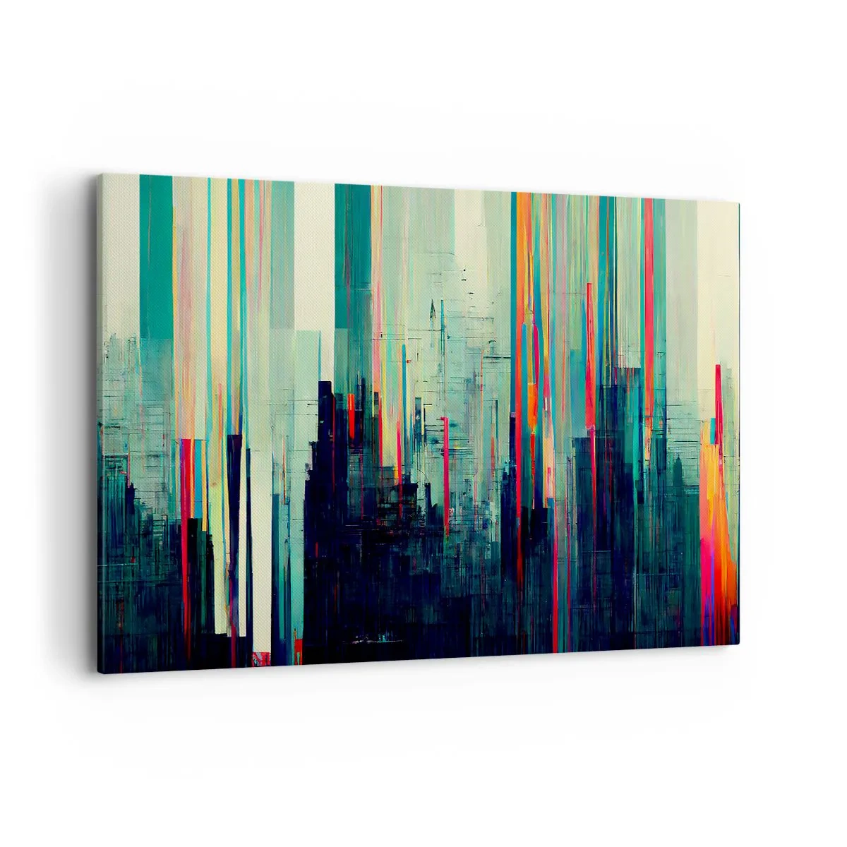 Cuadro sobre lienzo - Impresión de Imagen - Abstracción con líneas verticales y un horizonte de ciudad. - 100x70cm - Ciudad futurista - Decoración de pared moderna para salón y dormitorio ARTTOR