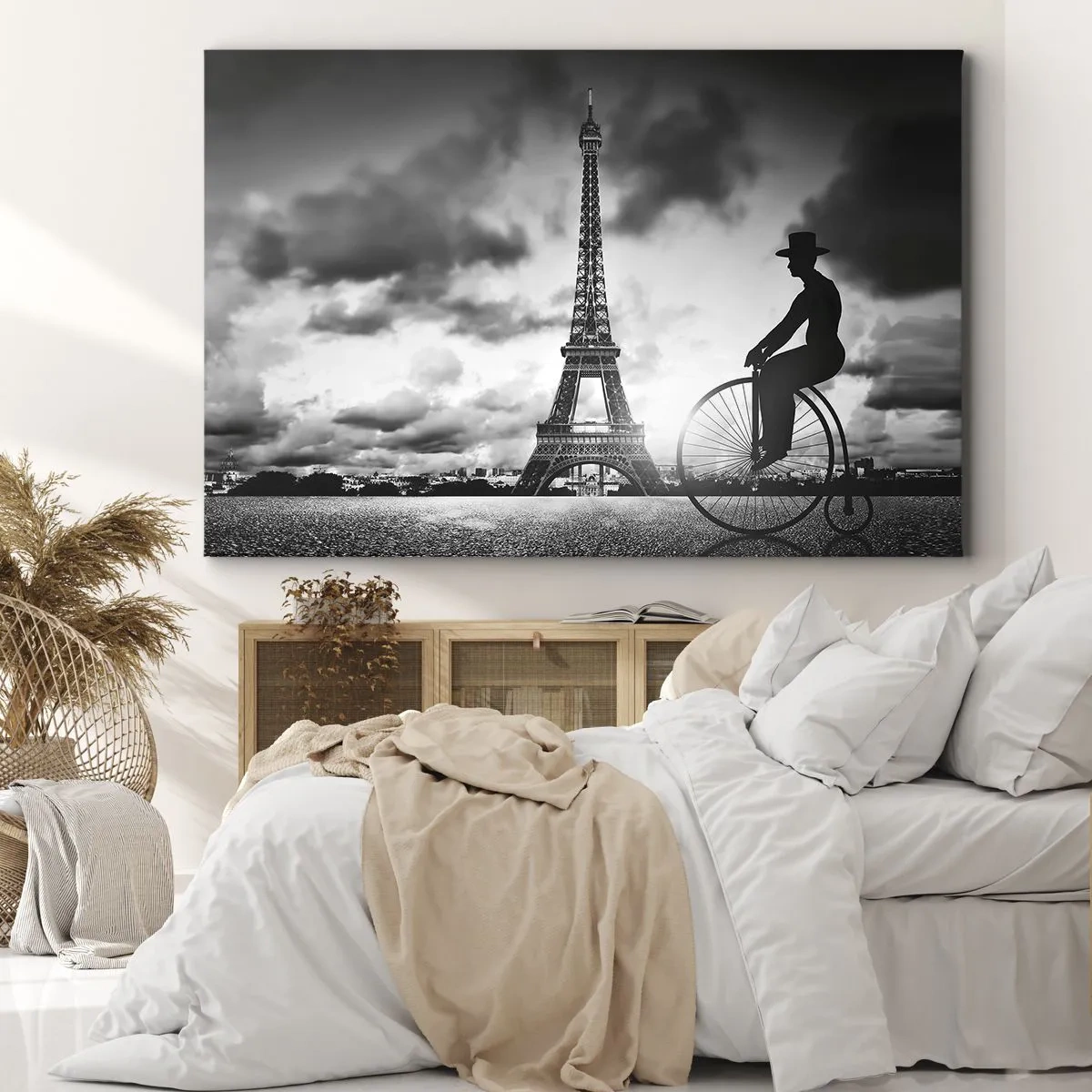 Cuadro sobre lienzo - Impresión de Imagen - Imagen en blanco y negro de una bicicleta retro con la Torre Eiffel al fondo. - 70x50cm - Añoranza de la Belle Epoque - Decoración de pared moderna para salón y dormitorio ARTTOR