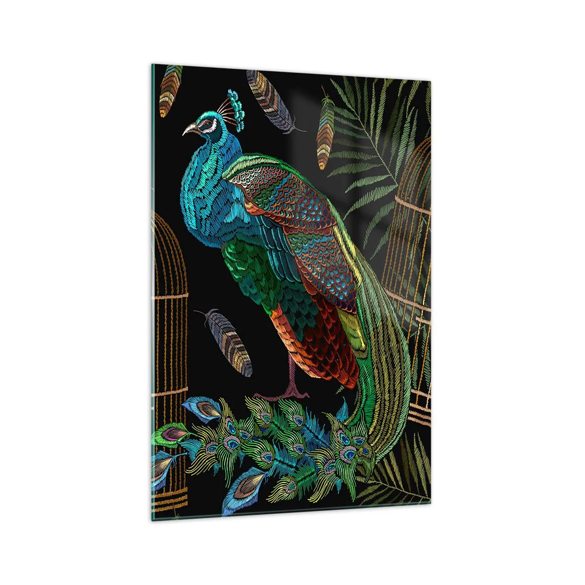 Cuadro sobre vidrio - Impresiones sobre Vidrio - Pavos reales junto a una jaula dorada sobre un fondo negro - 70x100cm - Con plumajes reales - Decoración de pared moderna para salón y dormitorio ARTTOR