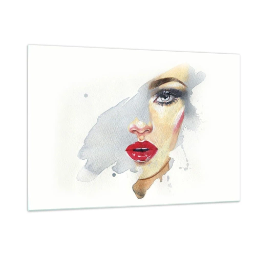 Cuadro sobre vidrio - Impresiones sobre Vidrio - Retrato en acuarela de una mujer con labios rojos. - 120x80cm - Reflejo en una gota de agua - Decoración de pared moderna para salón y dormitorio ARTTOR