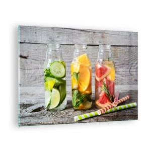Cuadro sobre vidrio - Impresiones sobre Vidrio - Botellas de agua de frutas y hierbas sobre un fondo de madera. - 70x50cm - Saludable por naturaleza - Decoración de pared moderna para salón y dormitorio ARTTOR