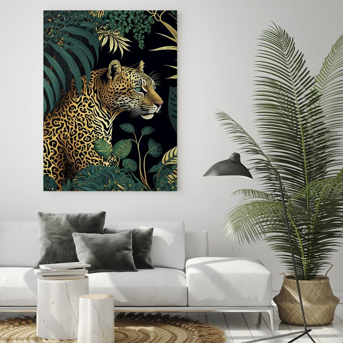 Cuadro sobre vidrio - Impresiones sobre Vidrio - Un leopardo entre hojas tropicales sobre un fondo oscuro. - 50x70cm - El anfitrión en la jungla - Decoración de pared moderna para salón y dormitorio ARTTOR